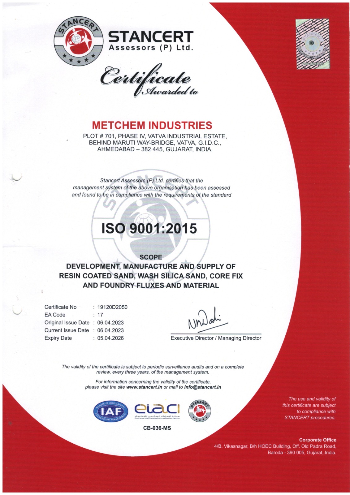 Metchem Industries Certificate 1